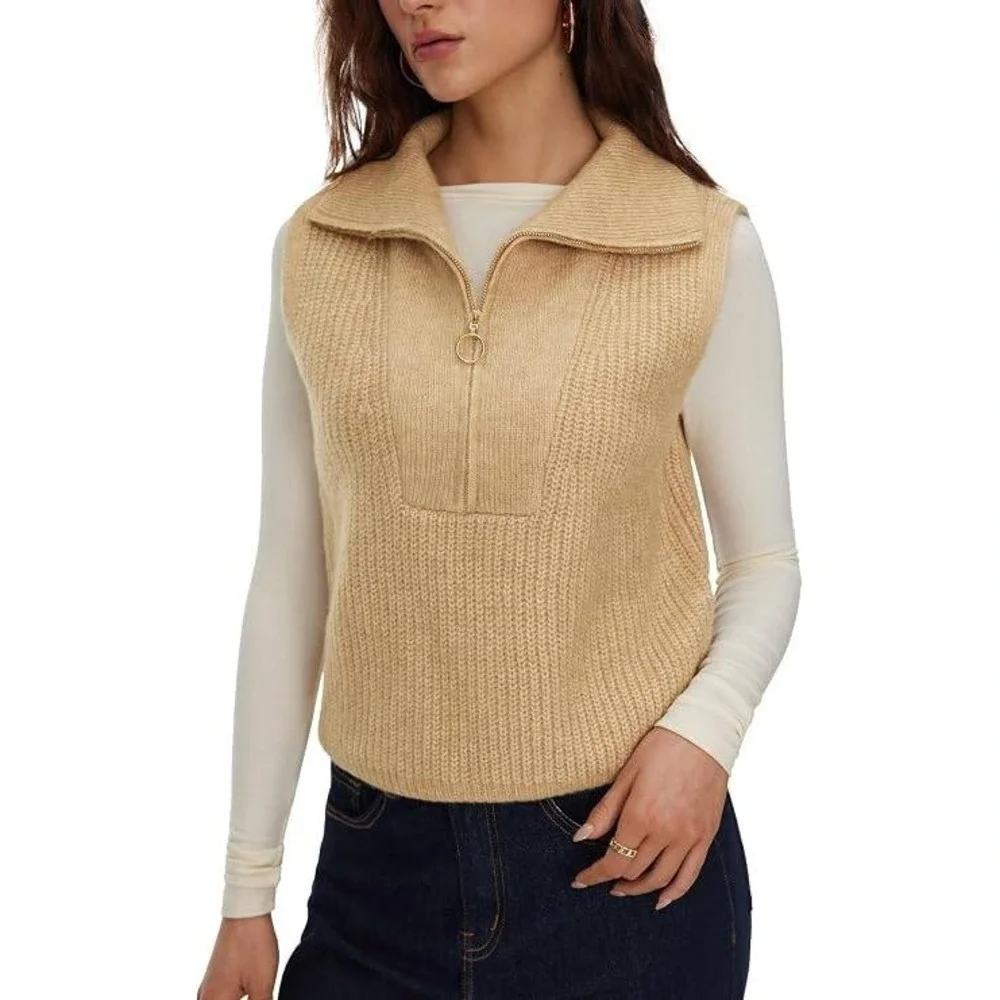 Cider Quarter Zip Sweater Vest Ribbed Knit Sleeveless Pullover Tan 3XL XXX-Large